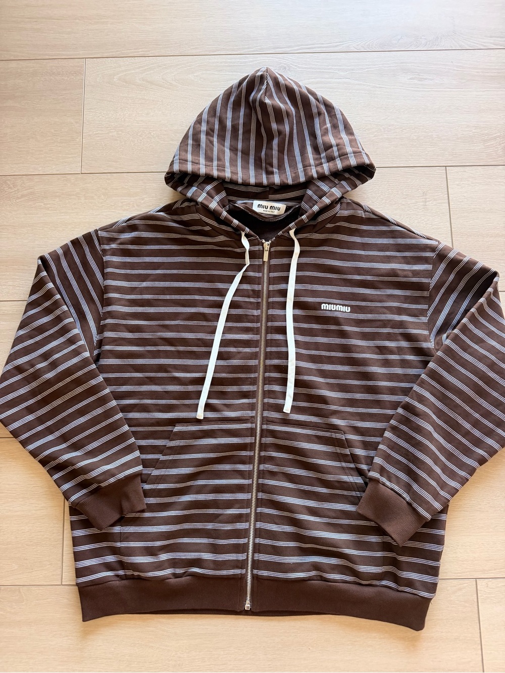 Miu Miu Brown and Light Gray Striped Zip-Up Hoodie